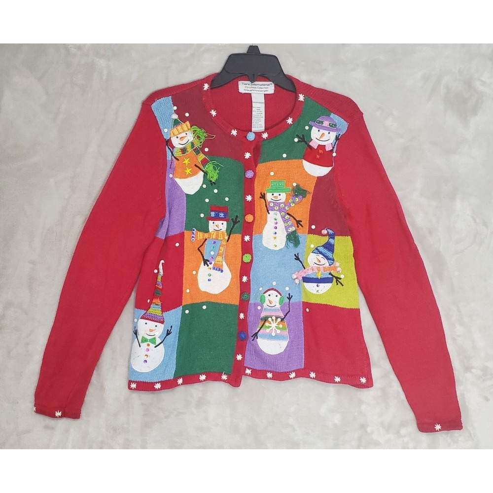 Tiara International Cardigan Womens M Red Snowman‎ Ugly Christmas Sweater EUC